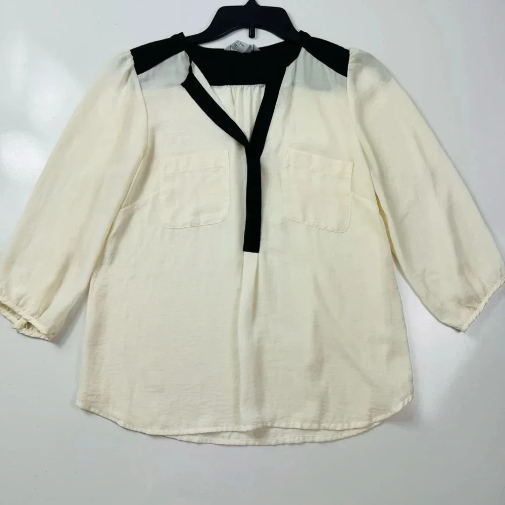 H&M Chiffon Semi Sheer Cream Black Trim Blouse Size 8